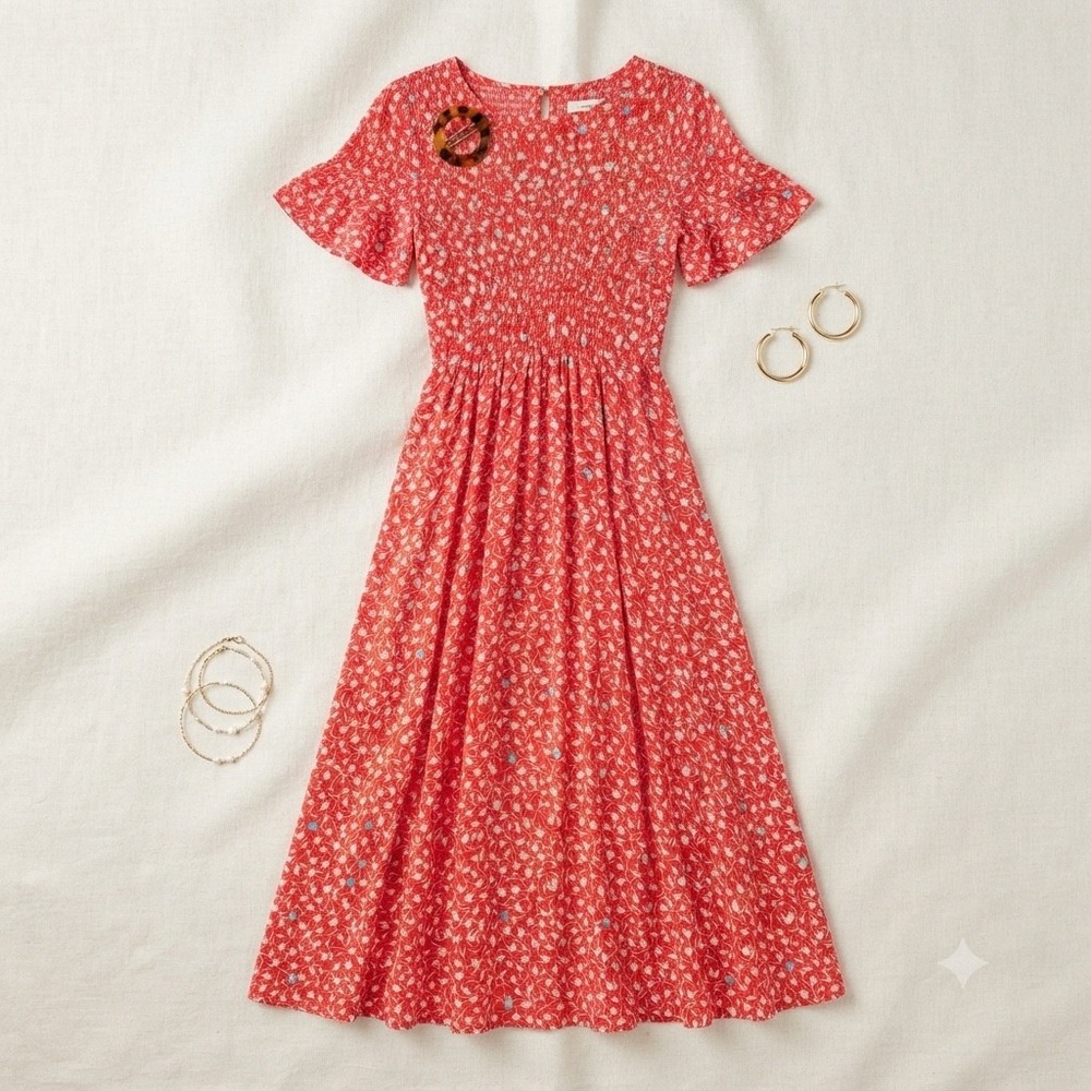 Free People Midi Dress Womens XS Red Floral Smocked Waist Boho Summer OB1078725
